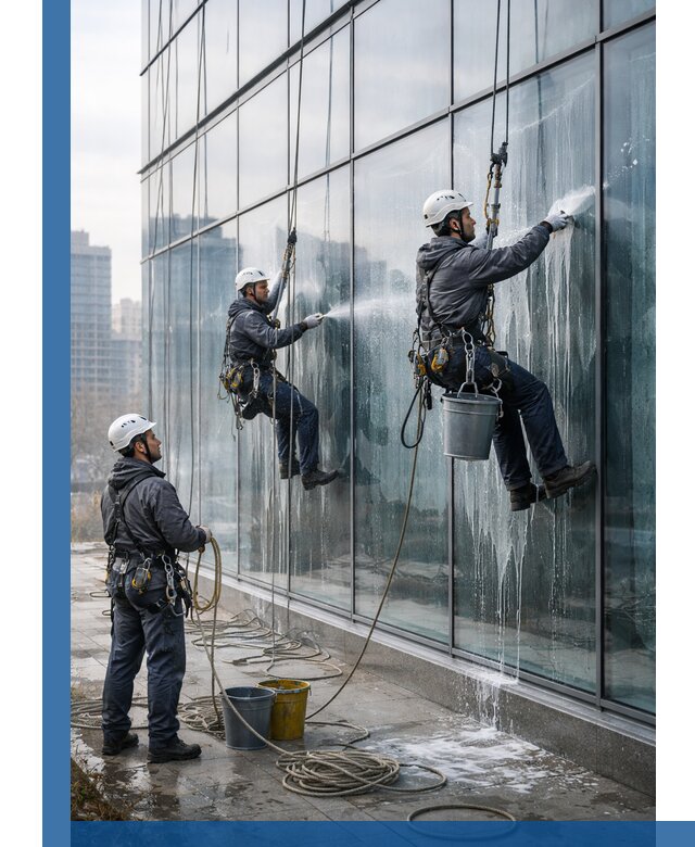 Промышленная мойка панорамных окон на высоте в Назарове