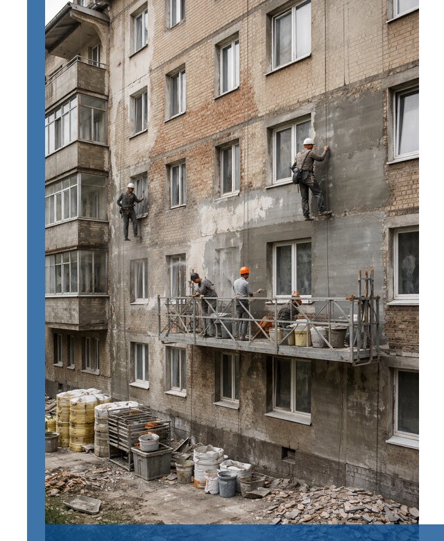 Капитальный ремонт фасада в Назарове с восстановлением и гидроизоляцией