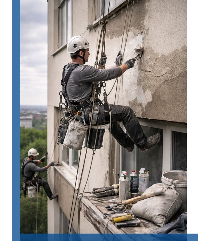 Косметический ремонт фасада зданий в Назарове промышленными альпинистами