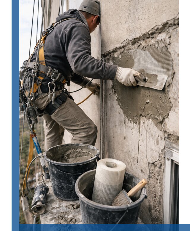 Ремонт бетонных элементов фасада промышленными альпинистами в Назарове