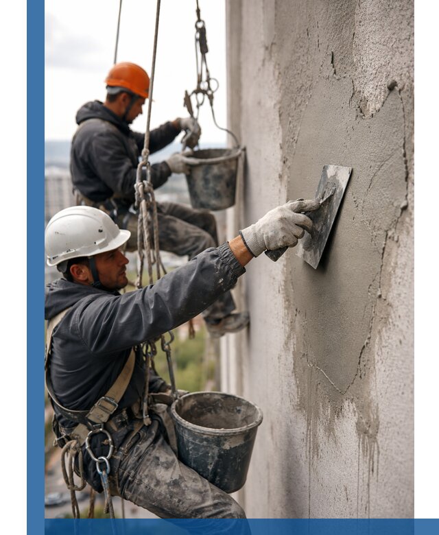 Штукатурка фасада на высоте в Назарове профессиональные работы