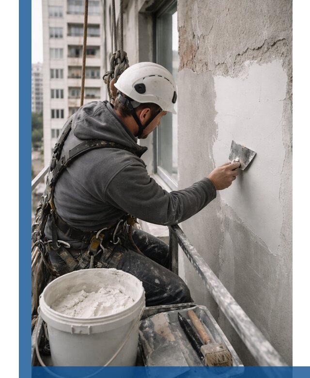 Шпаклевка фасадов на высоте с промальпинистами в Назарове