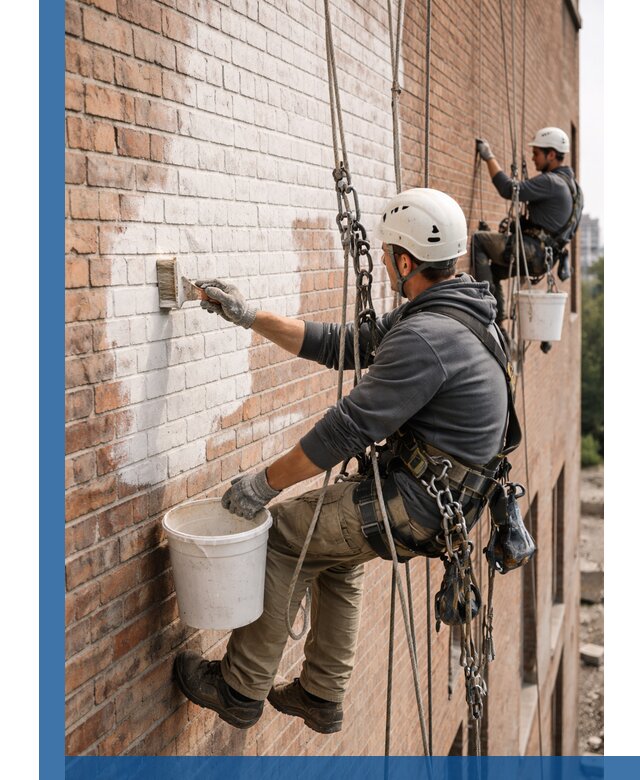 Покраска кирпичного фасада с доступным альпинистским сервисом в Назарове