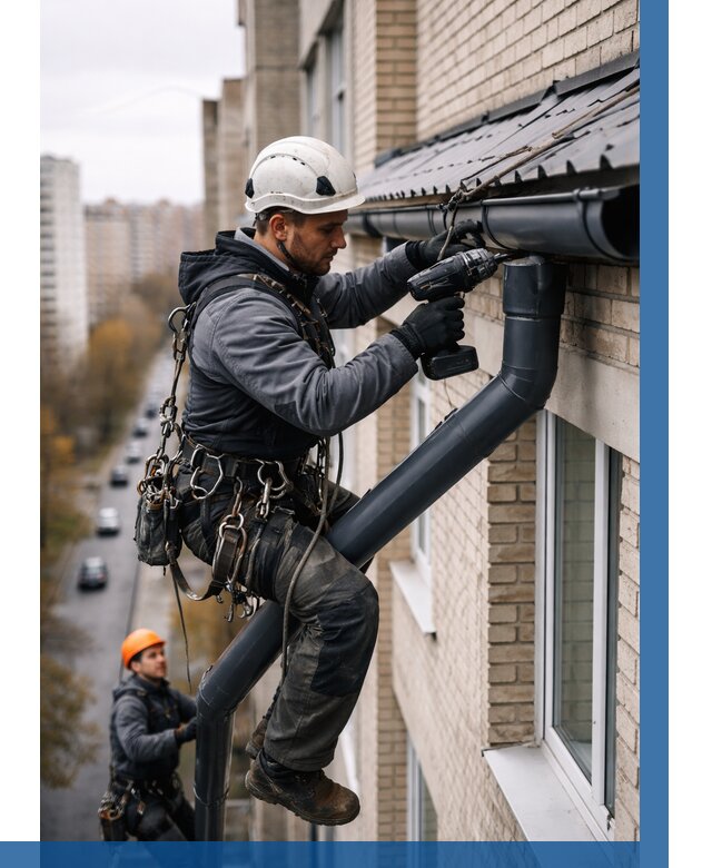 Монтаж водосточной системы на здании в Назарове от 5139 р. | ВЫСОТНИК-Нрв