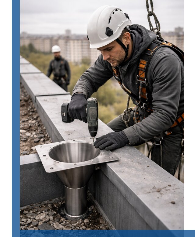 Монтаж водосточных воронок в Назарове для промышленных зданий