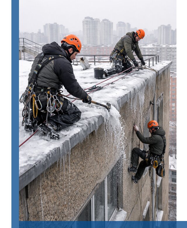 Удаление наледи с кровли в Назарове промышленными альпинистами