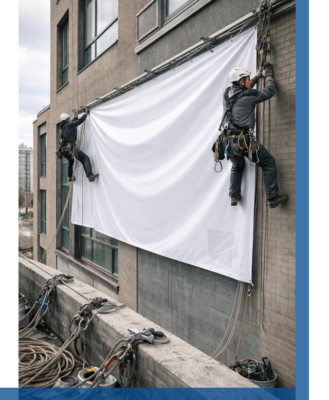 Монтаж баннеров на фасаде в Назарове от 668 р. заказать ВЫСОТНИК-Нрв