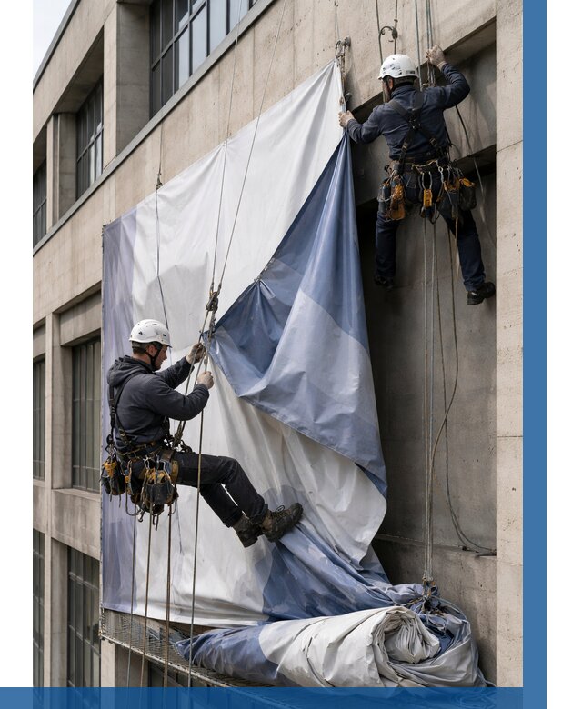 Демонтаж баннеров с фасада в Назарове от 4625 р. | ВЫСОТНИК-Нрв