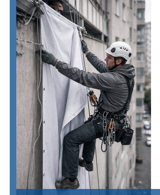 Замена баннерного полотна промышленными альпинистами в Назарове