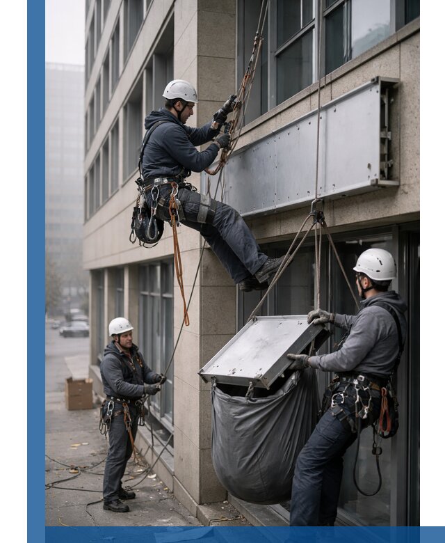 Демонтаж рекламной вывески с высотными работами в Назарове