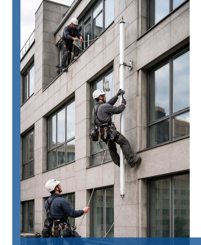 Монтаж флагштока на фасаде здания с креплением и герметикой в Назарове