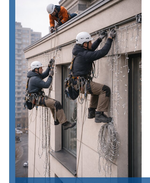 Монтаж праздничных гирлянд на фасаде в Назарове для зданий