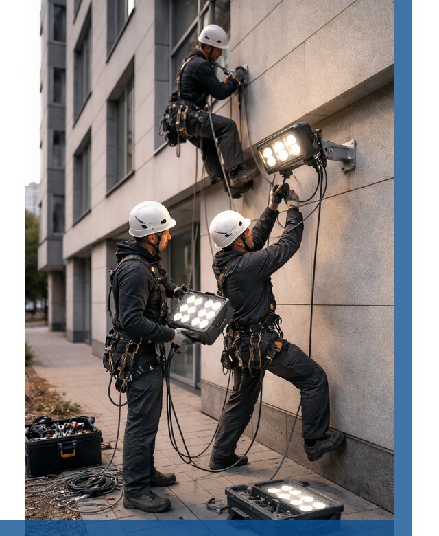 Монтаж прожекторов на фасаде в Назарове от 7709 р. | ВЫСОТНИК-Нрв