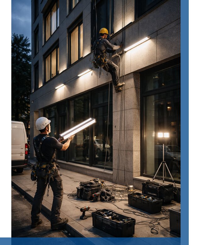 Монтаж архитектурной подсветки здания в Назарове от 2570 р.|ВЫСОТНИК-Нрв