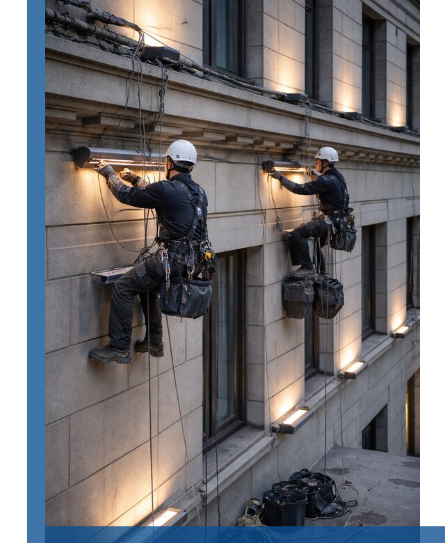 Монтаж архитектурной подсветки фасадов зданий в Назарове