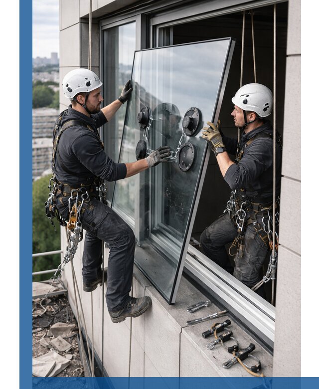 Замена стеклопакетов на высоте с промышленными альпинистами в Назарове
