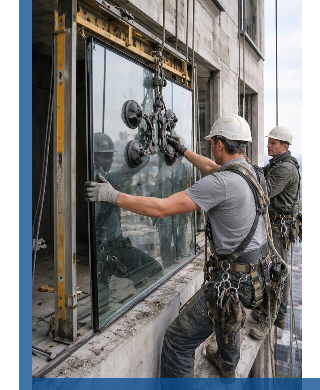 Монтаж стеклопакетов на высоте в Назарове с промышленным альпинизмом