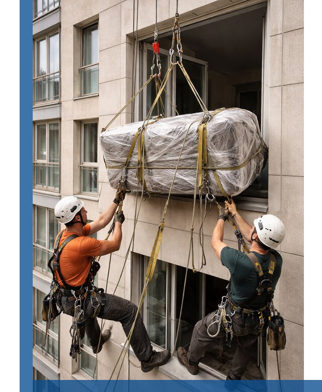 Подъем грузов через окно в Назарове промышленными альпинистами