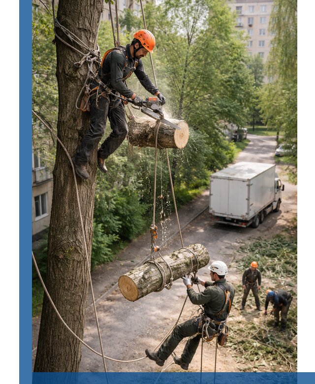 Спил деревьев альпинистами в Назарове, безопасно и без повреждений
