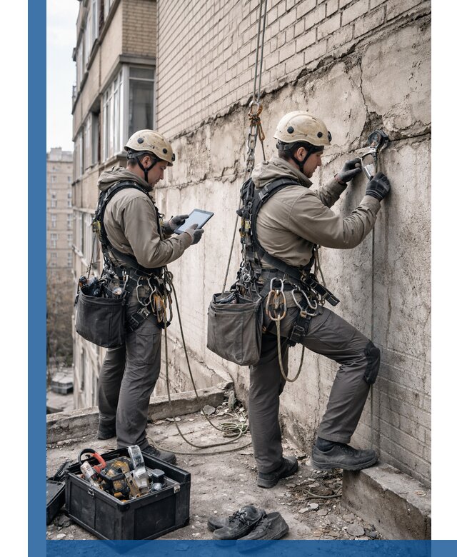 Обследование фасада промышленными альпинистами в Назарове